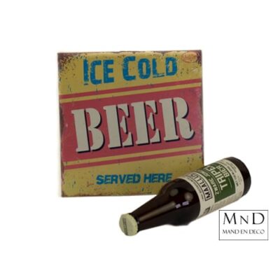 Metalen tekst bordje Ice Cold Beer Yellow 20 x 20 cm