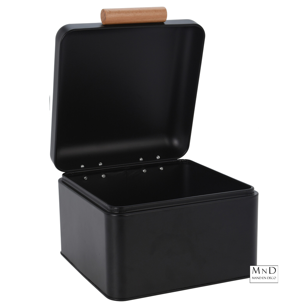 Broodtrommel metaal zwart met lotushout handvat 22x20x14cm - Afbeelding 2