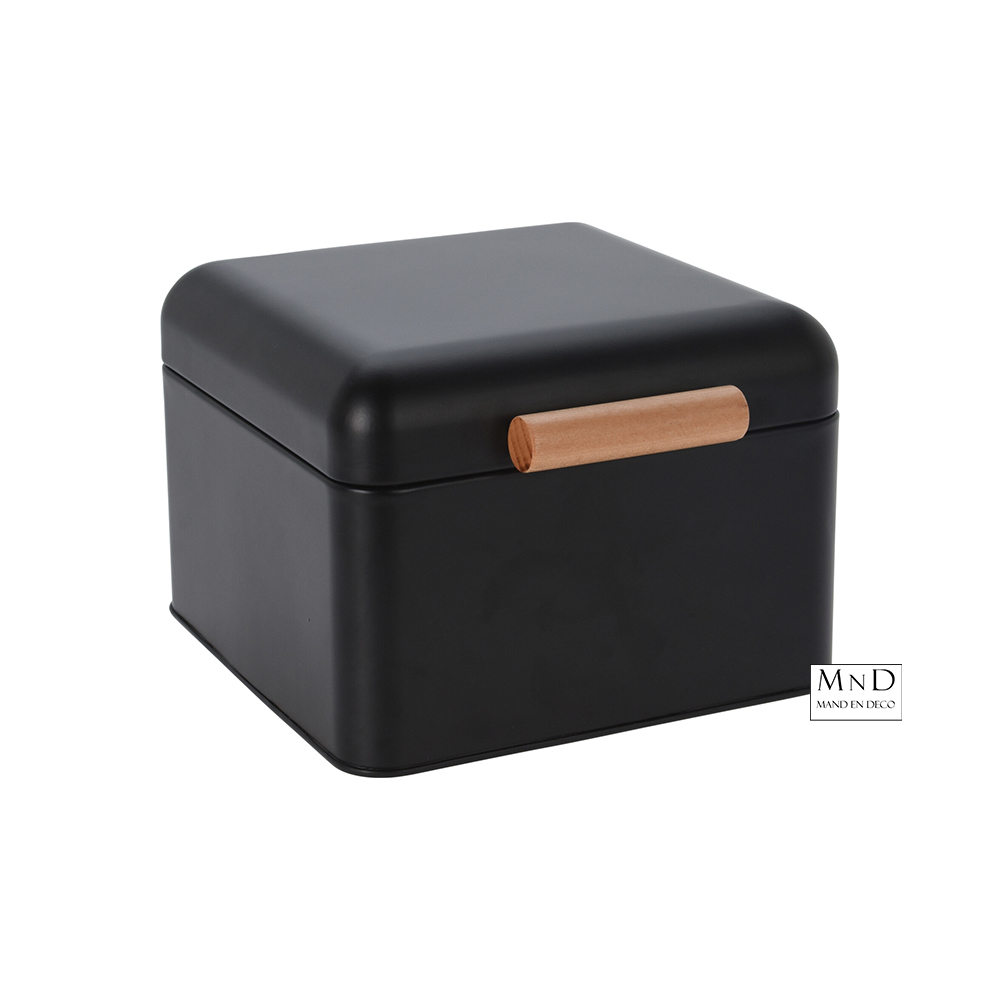 Broodtrommel metaal zwart met lotushout handvat 22x20x14cm