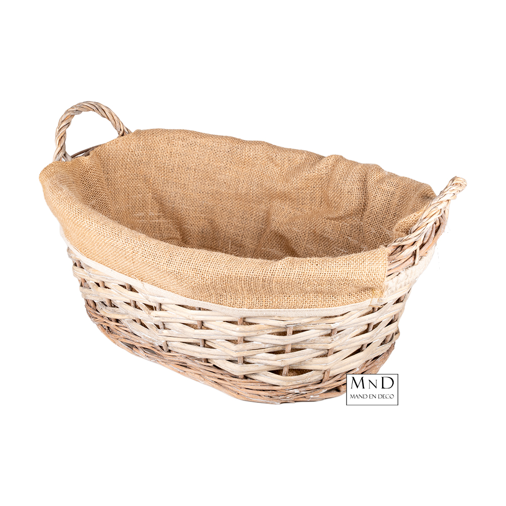Ovale mand jute bekleed white wash M 43x32x14cm